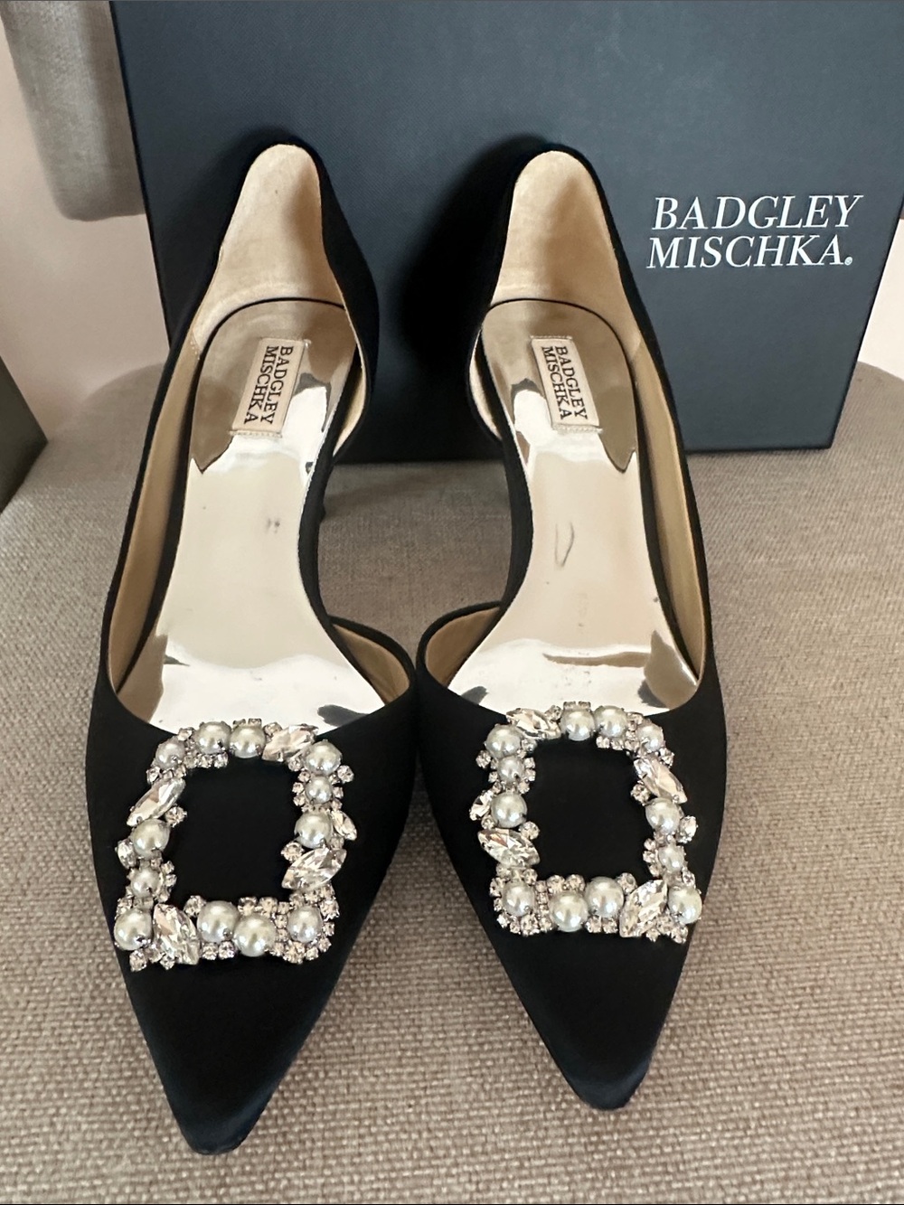 Badgley Mischka Black Crystal-Buckle Pointed Pumps